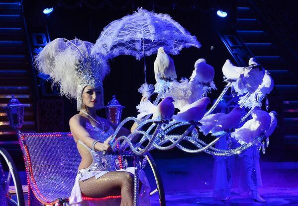 Дрессировщица выступает с голубями в новом шоу Королевский цирк в Цирке им. Никулина