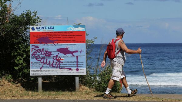Информационный стенд на западном побережье острова Реюньон в Индийском океане через два дня после нападения акулы на 13-летнего мальчика. 14 апреля 2015