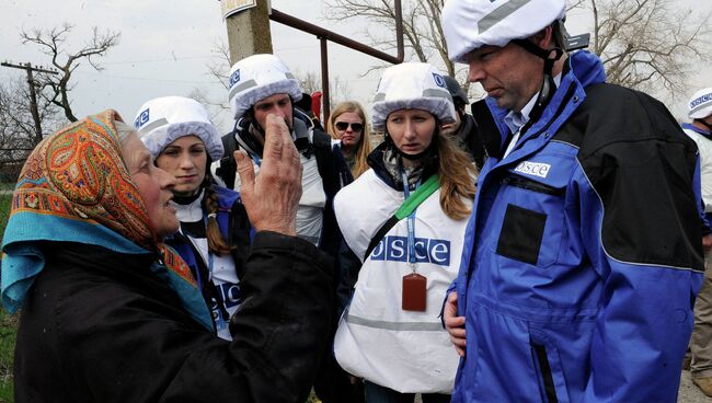 Жительница деревни Широкино разговаривает с представителем ОБСЕ. Архивное фото