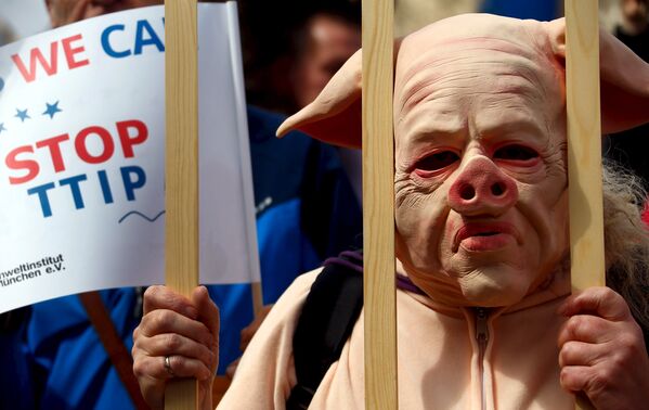 Участники мюнхенской акции протеста против соглашений о трансатлантической торговле в Европе