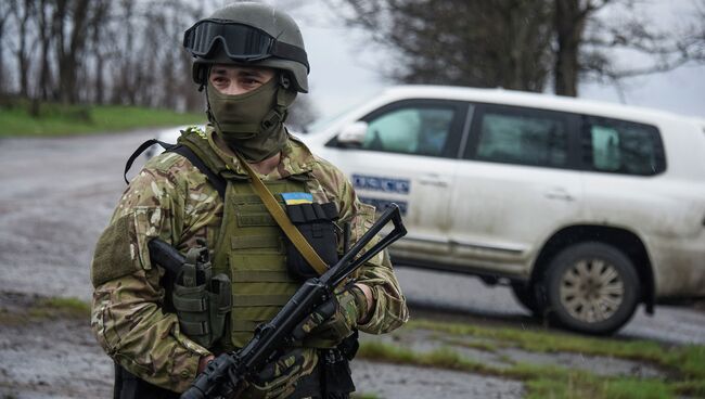 Украинский военный возле машины наблюдателей ОБСЕ. Архивное фото