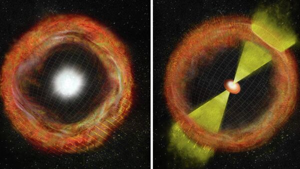 Слева изображена обычная сверхновая типа II, справа – сверхновая Ic, порождающая гамма-всплеск, в центре – промежуточное звено SN 2012ap