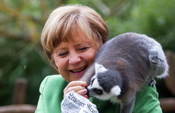 Канцлер Германии Ангела Меркель кормит лемура