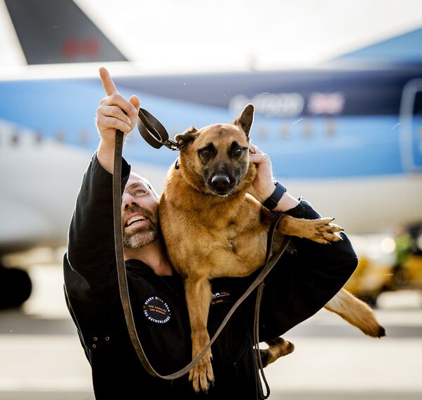 Спасатель держит собаку после прибытия из Непала на авиабазу Эйндховен