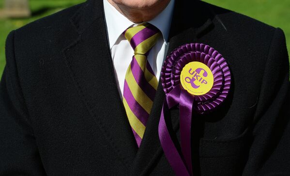Избиратель со значком партии независимости Соединенного Королевства в Брайтоне