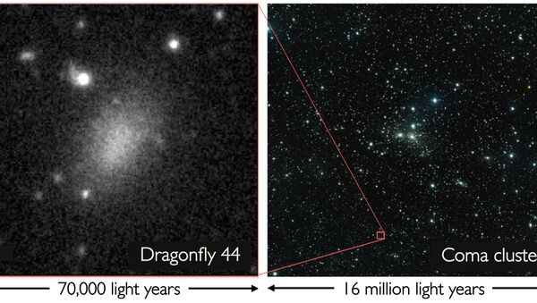 Малонаселенная галактика Dragonfly 44 в скоплении Волос Вероники