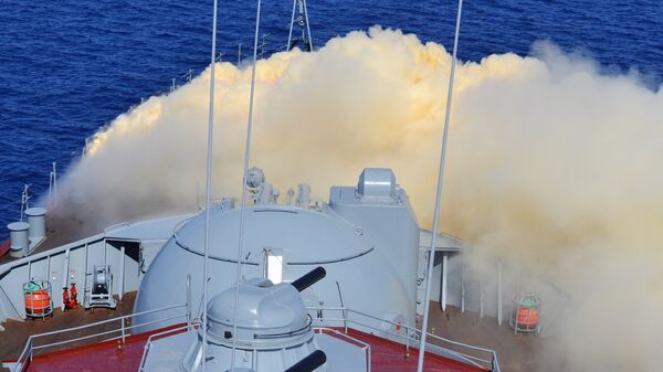 Учения по противохимической защите на Гвардейском ракетном крейсере (ГРКР) Москва во время совместных военных учений России и Китая в Средиземном море Морское взаимодействие 2015