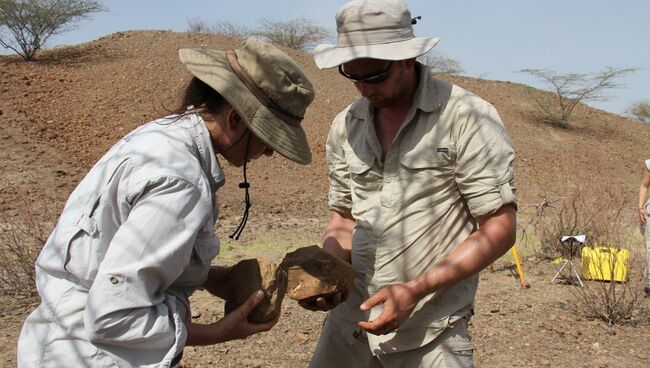 Арман и Льюис изучают извлеченное орудие труда