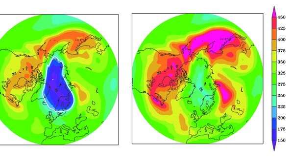 Фиолетовое пятно на картинке слева – озоновая дыра над северным полюсом, существовавшая бы над ним в 2013 году, если бы не был принят Монреальский протокол 1987 года