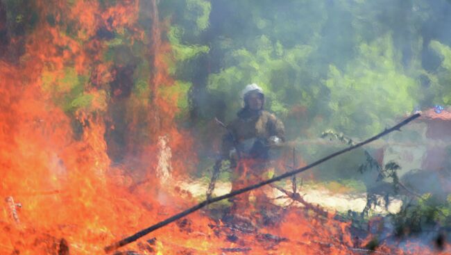 Сотрудник МЧС тушат пожар в рамках командно-штабных учений МЧС в Зеленодольске. Архивное фото