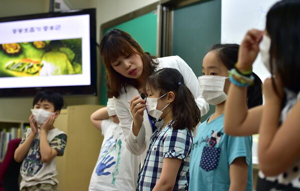 Южнокорейские школьники во время специального урока, посвященного вирусу MERS, Южная Корея