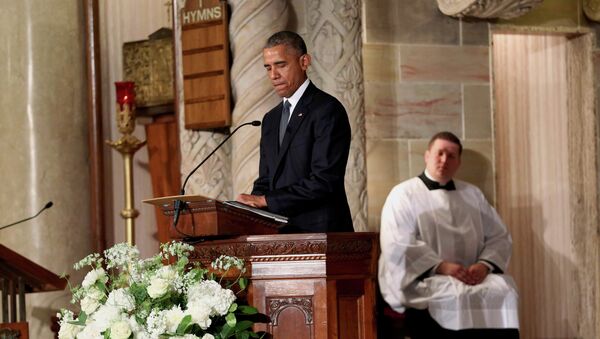 Барак Обама во время церемонии прощания с Джозефом Бо Байденом. Уилмингтон (штат Делавэр), США