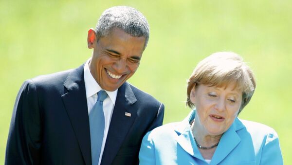 Ангела Меркель и Барак Обама во время саммита стран Группы семи в замке Эльмау, Бавария