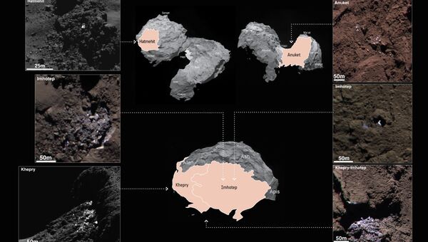 Белые пятна на этих фото – залежи чистого льда на комете Чурюмова-Герасименко