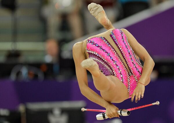 Маргарита Мамун (Россия) на соревнованиях по художественной гимнастике в женском индивидуальном многоборье на I Европейских играх в Баку