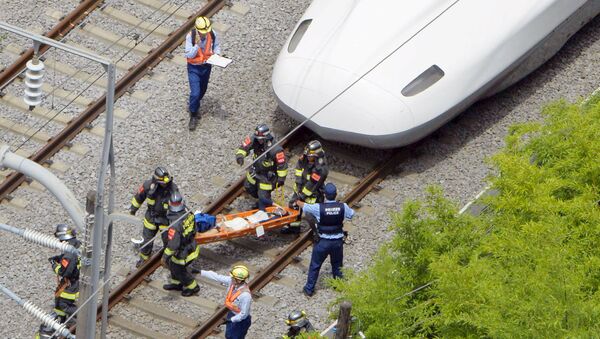 Спасатели несут раненого пассажира скоростного поезда после его аварийной остановки в Одавара, Япония
