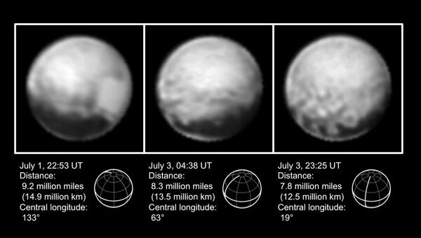 Черно-белые фотографии Плутона и необычных белых пятен, полученные камерой LORRI