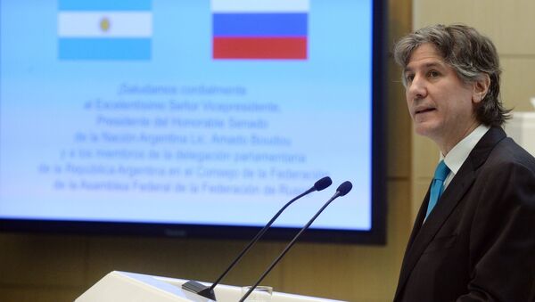Вице-президент, председатель Сената Национального конгресса Аргентинской Республики Амадо Буду выступает на заседании Совета Федерации РФ