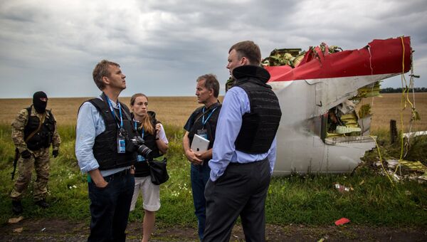 Эксперты миссии ОБСЕ на месте крушения лайнера Boeing 777 Малайзийских авиалиний в районе города Шахтерск Донецкой области