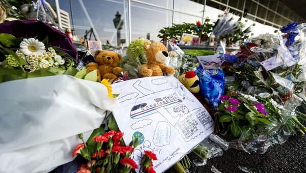 Цветы и игрушки в аэропорту Схипхол в память о погибших при крушении малайзийского самолета Boeing 777