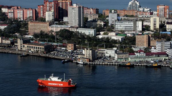Виды Владивостока и бухты Золотой Рог с пилона вантового моста. Архивное фото