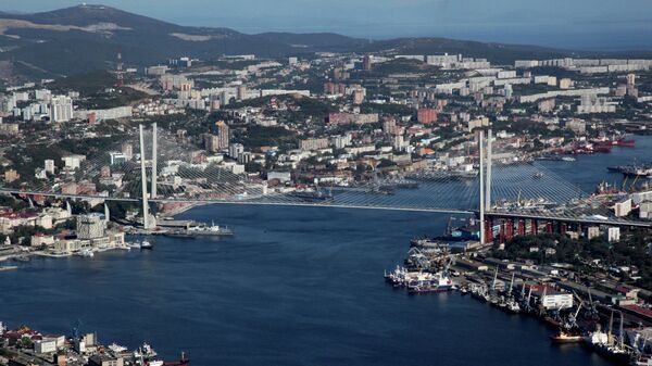 Вид на вантовый мост через бухту Золотой Рог во Владивостоке