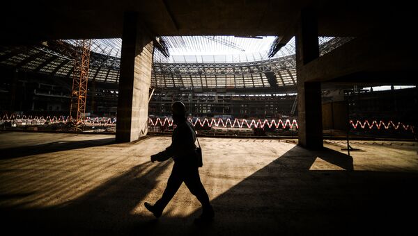 Рабочий идет по строительной площадке Большой Спортивной Арены Лужники в Москве. Архивное фото