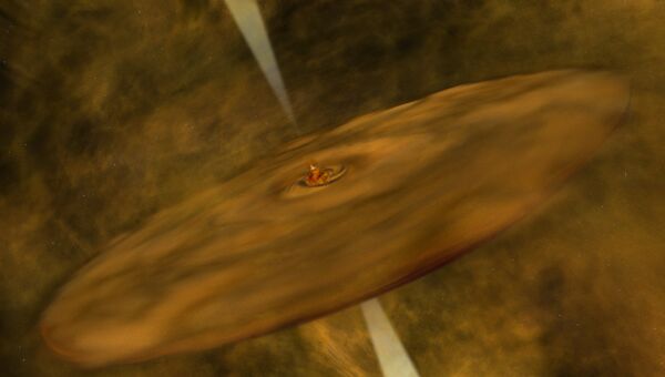 Художественное изображение выброса материи находящимся в процессе формирования коричневым карликом из окружающего его диска