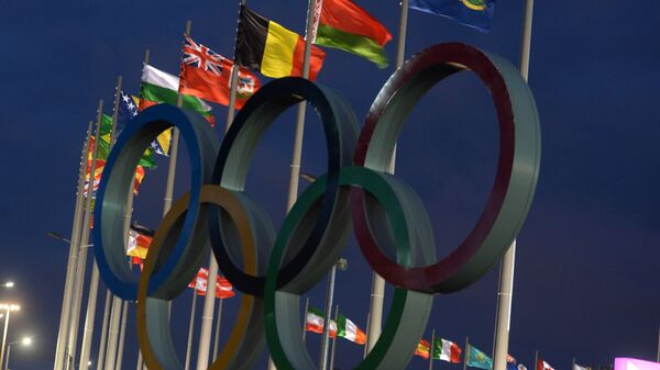 Флаги национальных сборных стран - участниц XXII Олимпийских зимних игр на Медальной площади в Олимпийском парке в Сочи. Архивное фото