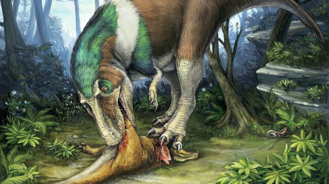 Горгозавр, один из родичей тираннозавра, поедает жертву