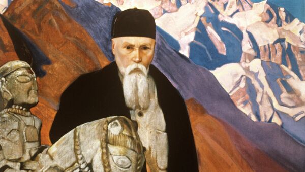 Картина Николай Рерих у статуи Гуга Чохана художника Святослава Рериха