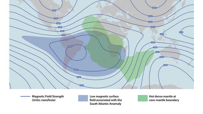 Карта магнитной аномалии (синие линии) в южной Атлантике, и колонна из плотной мантии (зеленое пятно)