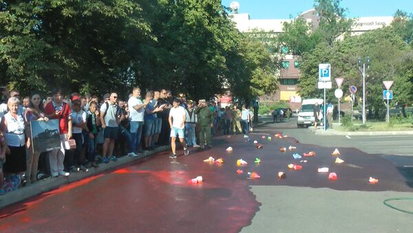 Протестующие разлили кровь перед отелем с наблюдателями ОБСЕ в Донецке