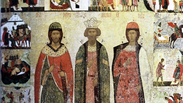 Икона Святые Владимир, Борис и Глеб с житием Бориса и Глеба. Архивное фото