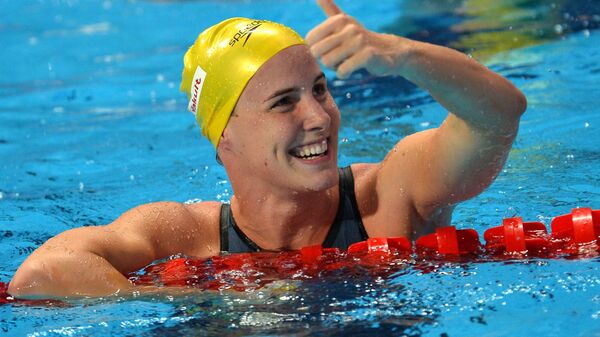 Бронте Кэмпбелл (Австралия) после финиша на дистанции 50 м вольным стилем в финале среди женщин на XVI чемпионате мира по водным видам спорта в Казани