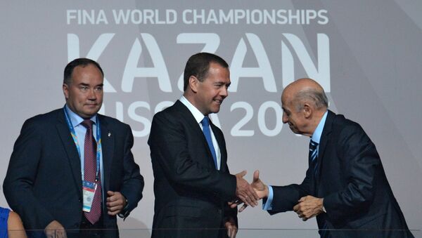 Премьер-министр РФ Дмитрий Медведев на церемонии закрытия XVI чемпионата мира по водным видам спорта в Казани