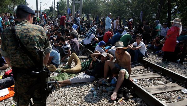 Полиция Македонии задерживает мигрантов на территории между Грецией и Македонией. Август 2015