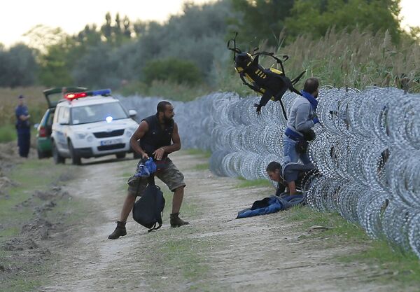 Венгерские полицейские наблюдают за мигрантами на границе с Сербией
