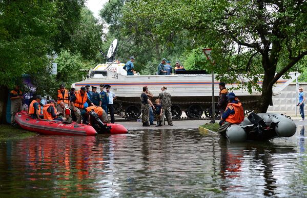Сотрудники МЧС в зоопарке Зелёный остров города Уссурийска, пострадавшем в результате подтопления