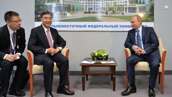 Президент России Владимир Путин (справа) во время встречи с вице-премьером Госсовета КНР Ван Яном (второй слева)