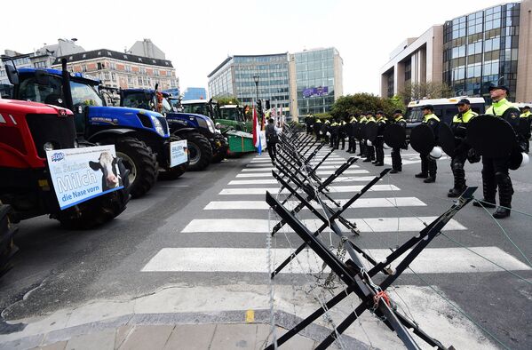 Полицейские и фермеры во время акции протеста у здания Еврокомиссии в Брюсселе, Бельгия
