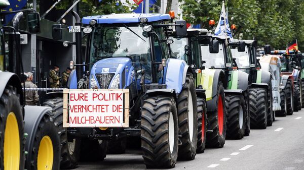 Фермеры на тракторах во время акции протеста в Брюсселе, архивное фото