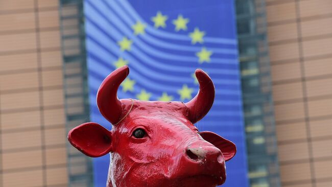 Фигура коровы, установленная протестующими фермерами у здания Еврокомиссии в Брюсселе, Бельгия
