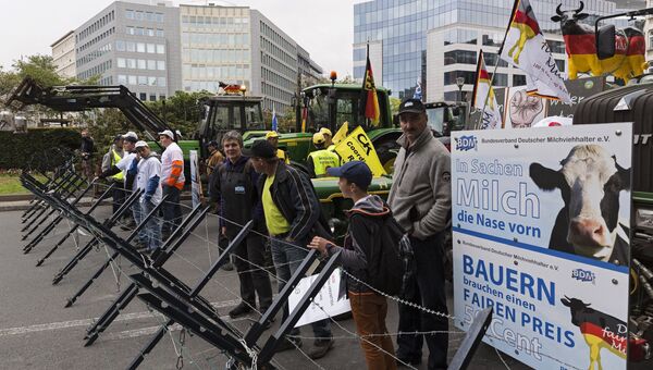 Участники акции протеста фермеров на площади перед зданием Совета ЕС в Брюсселе. 7 сентября 2015