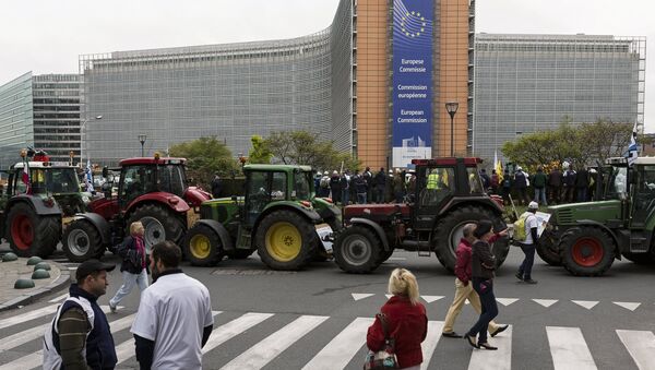 Участники акции протеста фермеров на площади перед зданием Совета ЕС в Брюсселе. Архивное фото