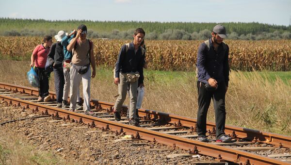 Беженцы заходят на территорию Евросоюза в Венгрии. Архивное фото