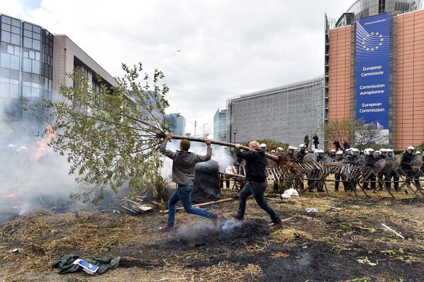 Столкновения между демонстрантами и полицией во время акции протеста фермеров в Брюсселе, Бельгия