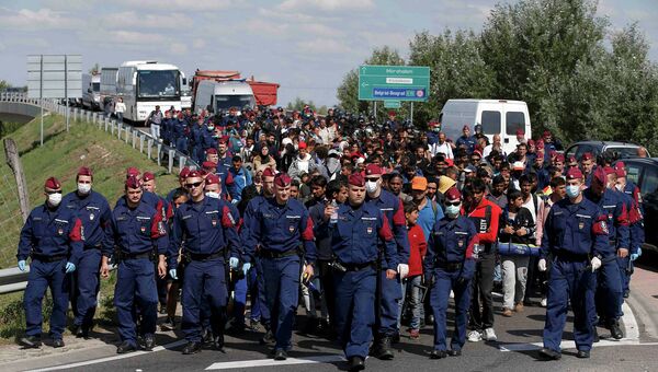 Полиция Венгрии собирают мигрантов в районе поселка Реске. 9 сентября 2015