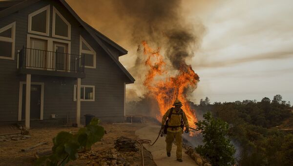 Пожарные во время тушения лесных пожаров в окрестностях Сан-Андреас, Калифорния, США