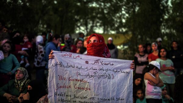 Сирийская женщина в Турции с плакатом Мы мигранты, мы пройдем на пути к греческой границе. Архивное фото